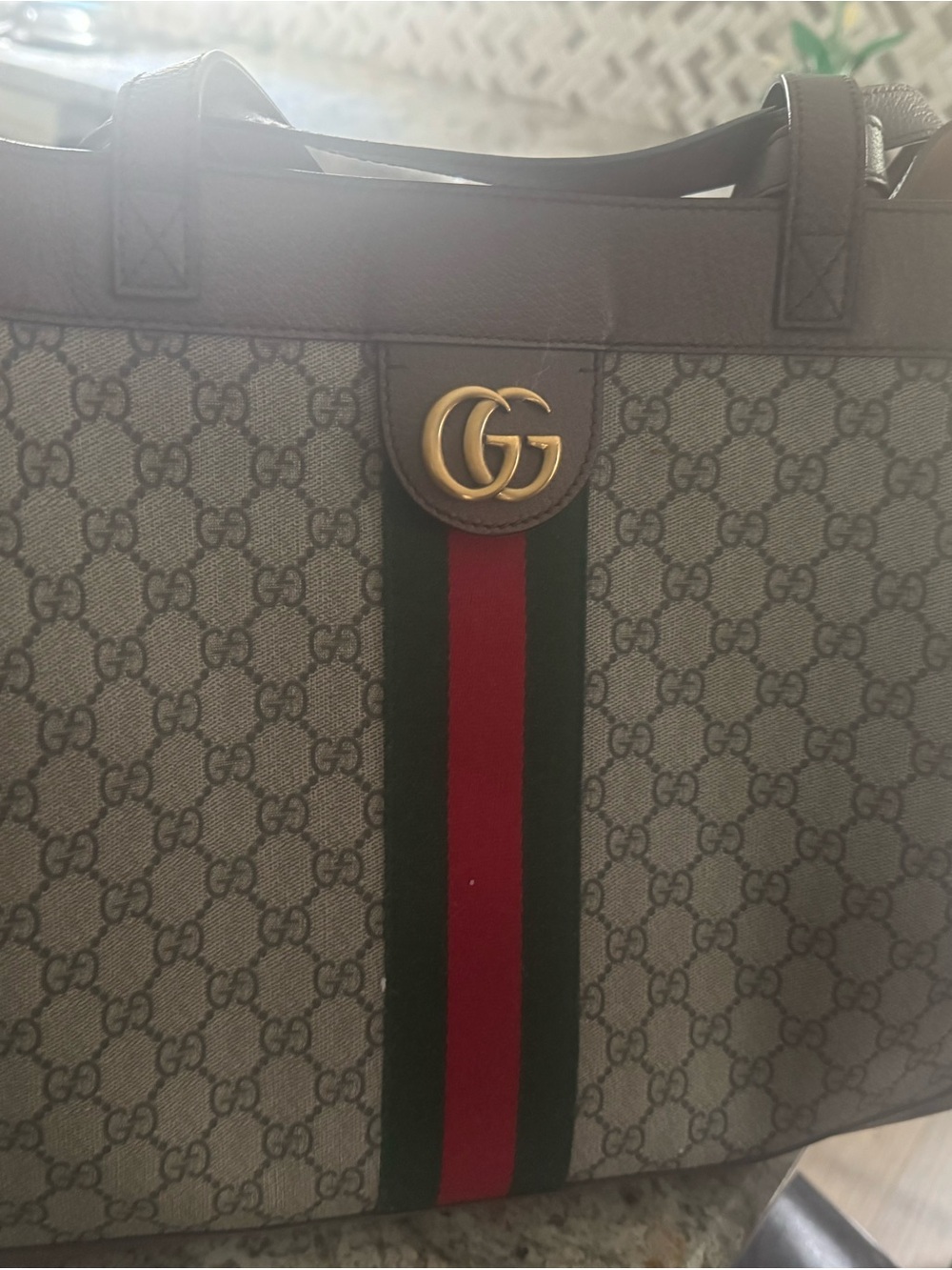 Gucci Beige/Brown GG Supreme Tote with Red and Green Web Stripe